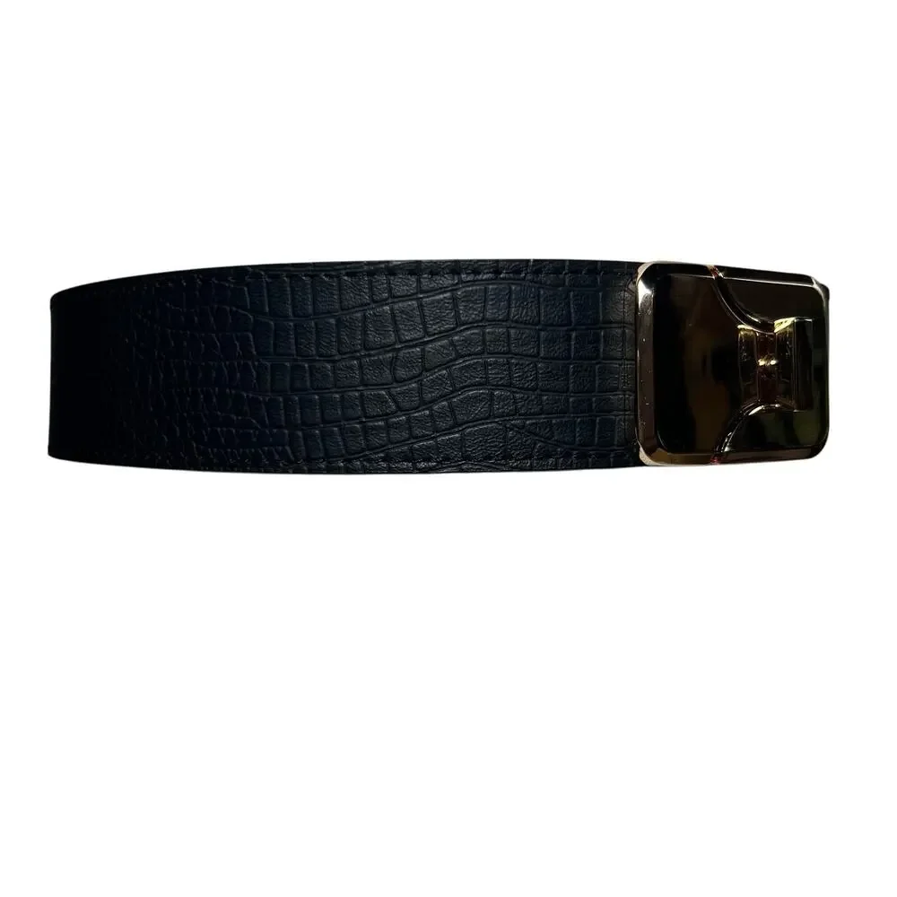 Vintage 90s Sz Small Gold Twist Lock Buckle Stretch Belt Black Faux Leather